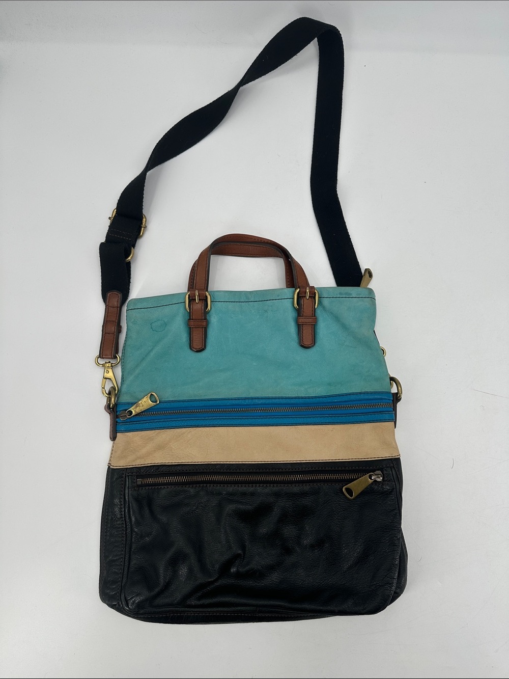 Vintage Fossil blue color block The Explorer XL leather messenger bag